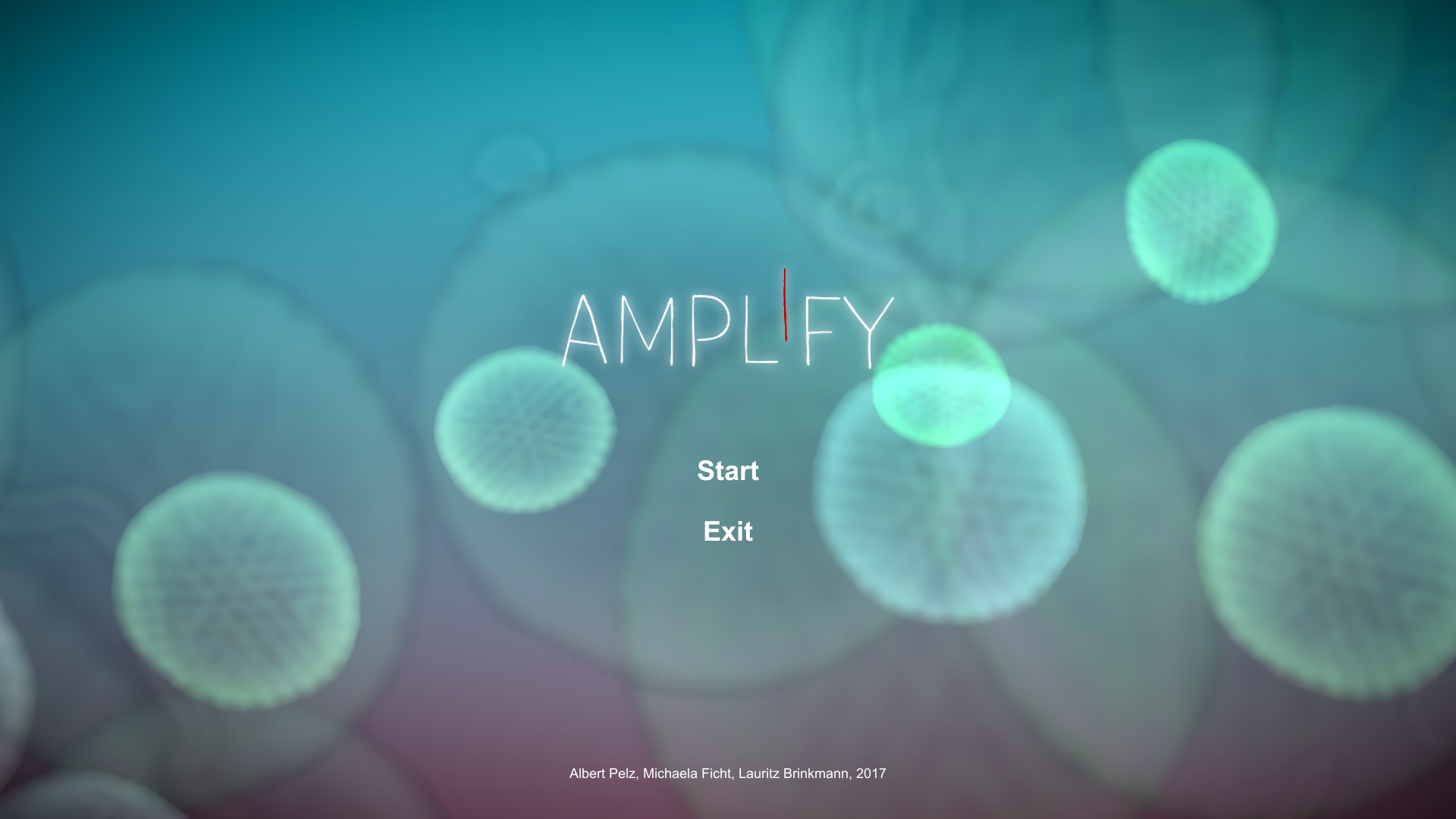 Screenshot of the game 'Amplify' that shows the title screen. In the center of the screen, the name 'Amplify', a start button and an exit button are displayed. The background shows microscopic appearing objects in front of a vertical color gradient.