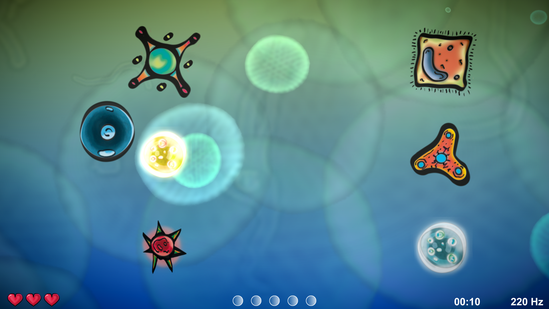 Screenshot of the game 'Amplify'. The controllable character is on the left side. Enemies, obstacles and collectibles (all appearing as abstract, but distinct shapes) float towards it from the right. At the bottom of the screen are several ui elements: the health of the player, collected orbs, the elapsed time and the last emitted frequency. The background shows microscopic appearing objects in front of a vertical color gradient.