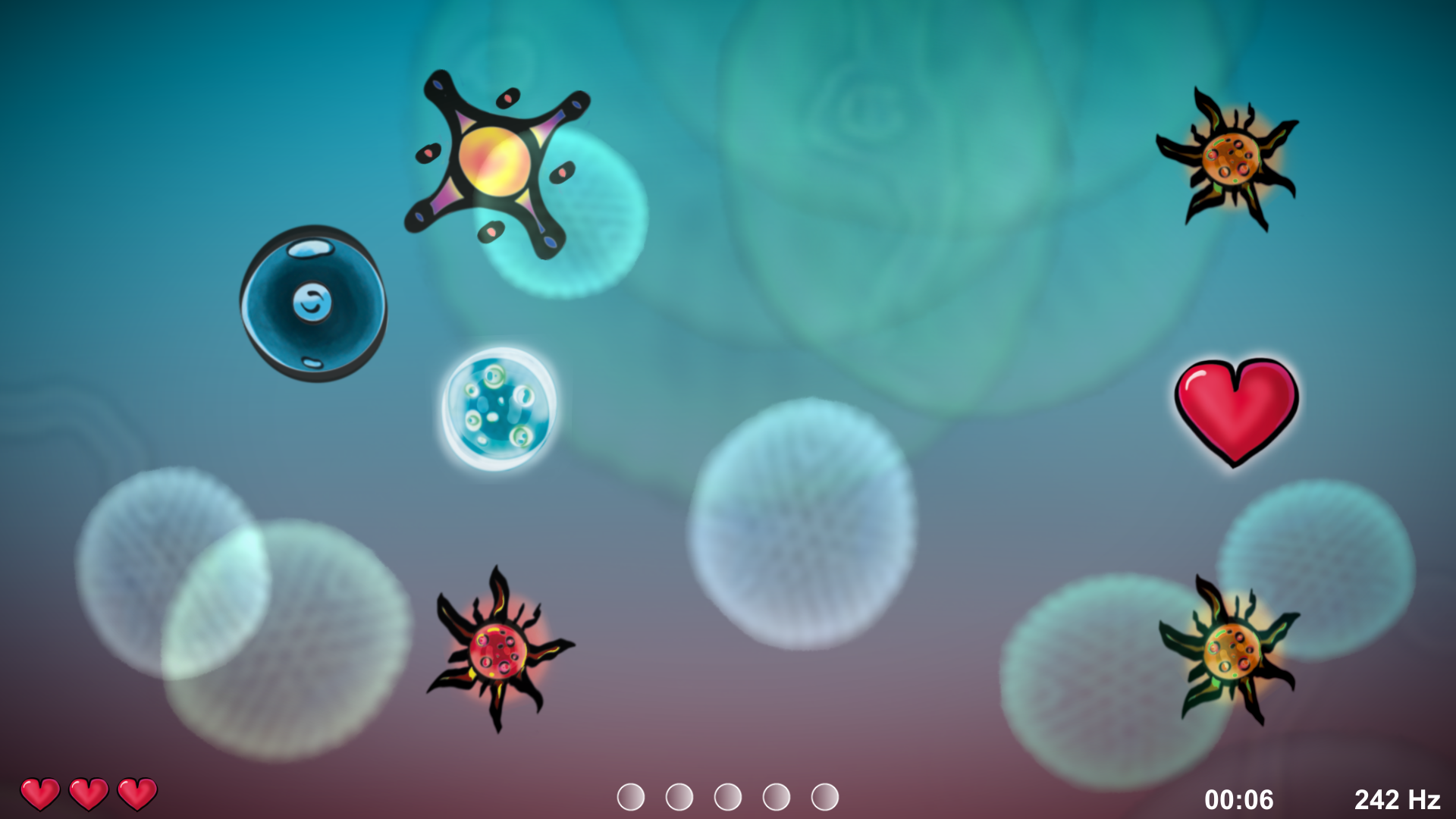 Screenshot of the game 'Amplify'. The controllable character is on the left side. Enemies, obstacles and collectibles (all appearing as abstract, but distinct shapes) float towards it from the right. At the bottom of the screen are several ui elements: the health of the player, collected orbs, the elapsed time and the last emitted frequency. The background shows microscopic appearing objects in front of a vertical color gradient.