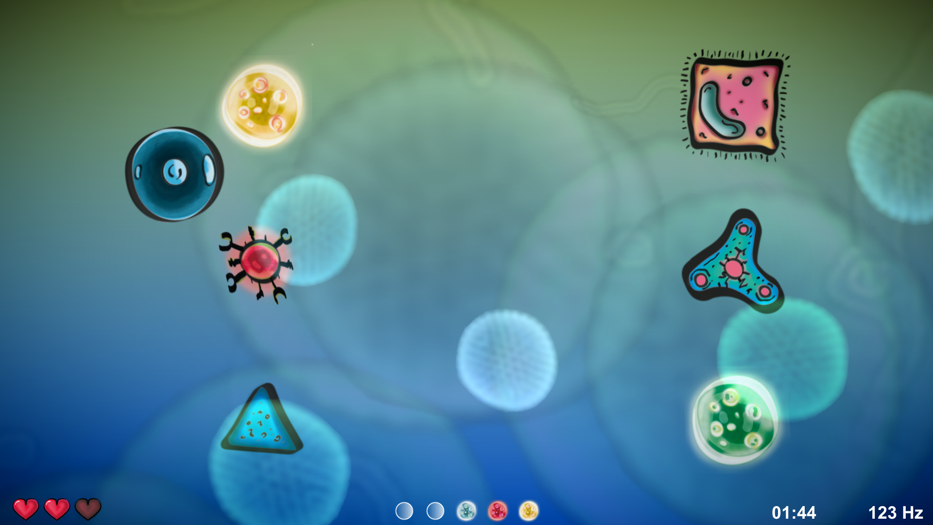 Screenshot of the game 'Amplify'. The controllable character is on the left side. Enemies, obstacles and collectibles (all appearing as abstract, but distinct shapes) float towards it from the right. At the bottom of the screen are several ui elements: the health of the player, collected orbs, the elapsed time and the last emitted frequency. The background shows microscopic appearing objects in front of a vertical color gradient.