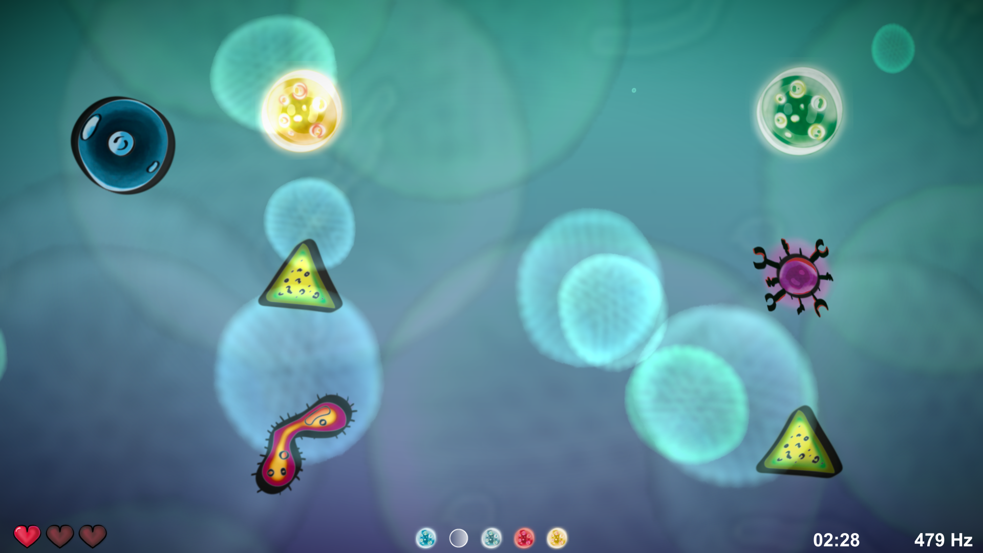 Screenshot of the game 'Amplify'. The controllable character is on the left side. Enemies, obstacles and collectibles (all appearing as abstract, but distinct shapes) float towards it from the right. At the bottom of the screen are several ui elements: the health of the player, collected orbs, the elapsed time and the last emitted frequency. The background shows microscopic appearing objects in front of a vertical color gradient.