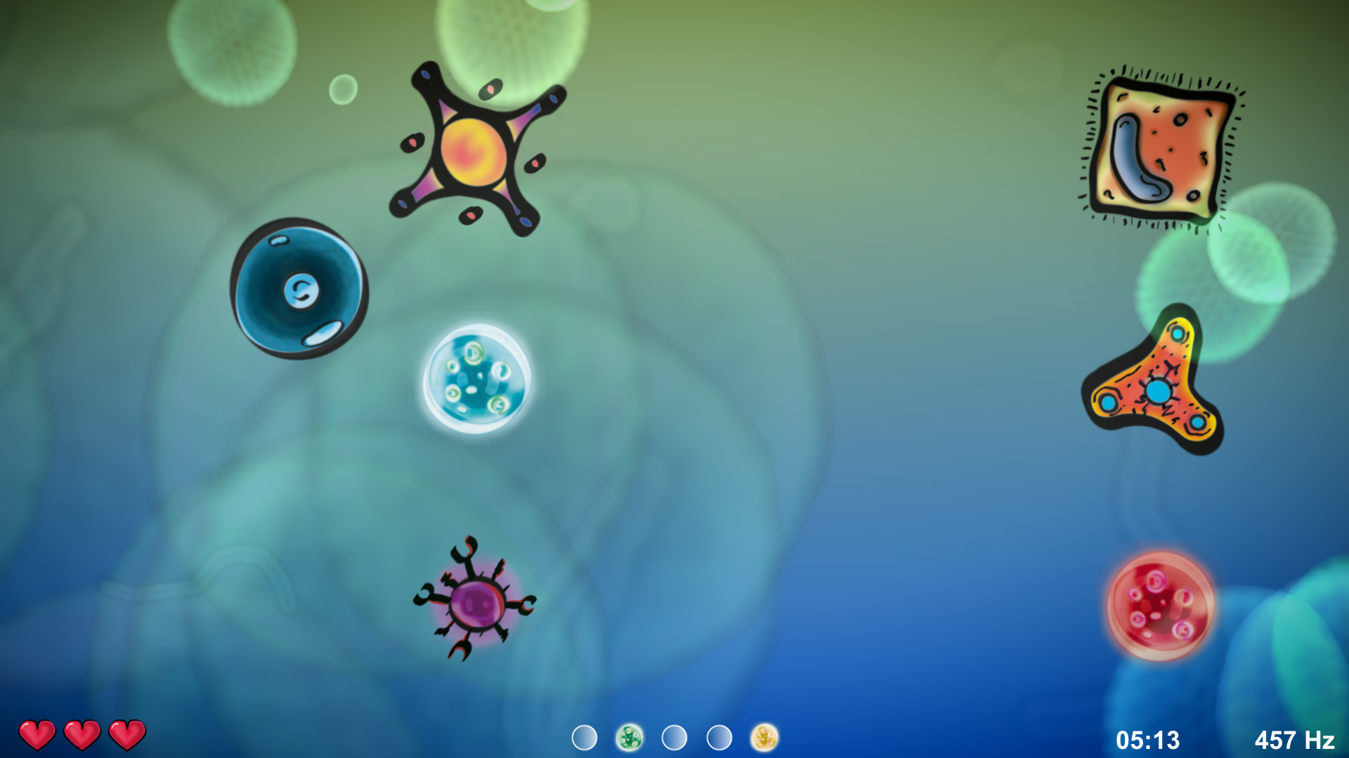 Screenshot of the game 'Amplify'. The controllable character is on the left side. Enemies, obstacles and collectibles (all appearing as abstract, but distinct shapes) float towards it from the right. At the bottom of the screen are several ui elements: the health of the player, collected orbs, the elapsed time and the last emitted frequency. The background shows microscopic appearing objects in front of a vertical color gradient.