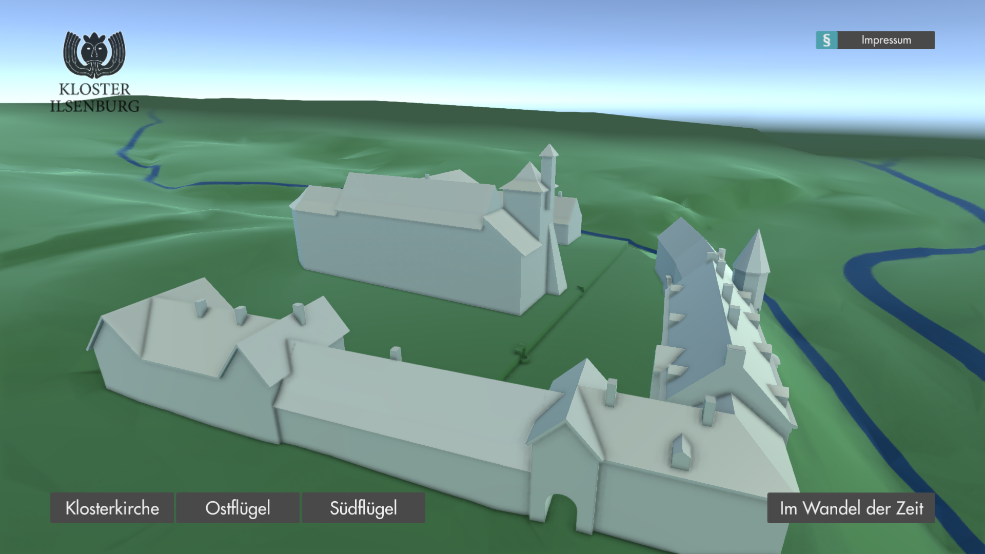 Screenshot of the Ilsenburg Abbey application that shows the overview. The camera rotates around a 3D rendered model of the Ilsenburg Abbey and its surrounding landscape. The logo of the monastery appears in the upper left corner. The upper right corner contains a button to show the credits. At the bottom of the screen are several buttons with German text: 'Klosterkirche', 'Ostflügel', 'Südflügel' and 'Im Wandel der Zeit'.