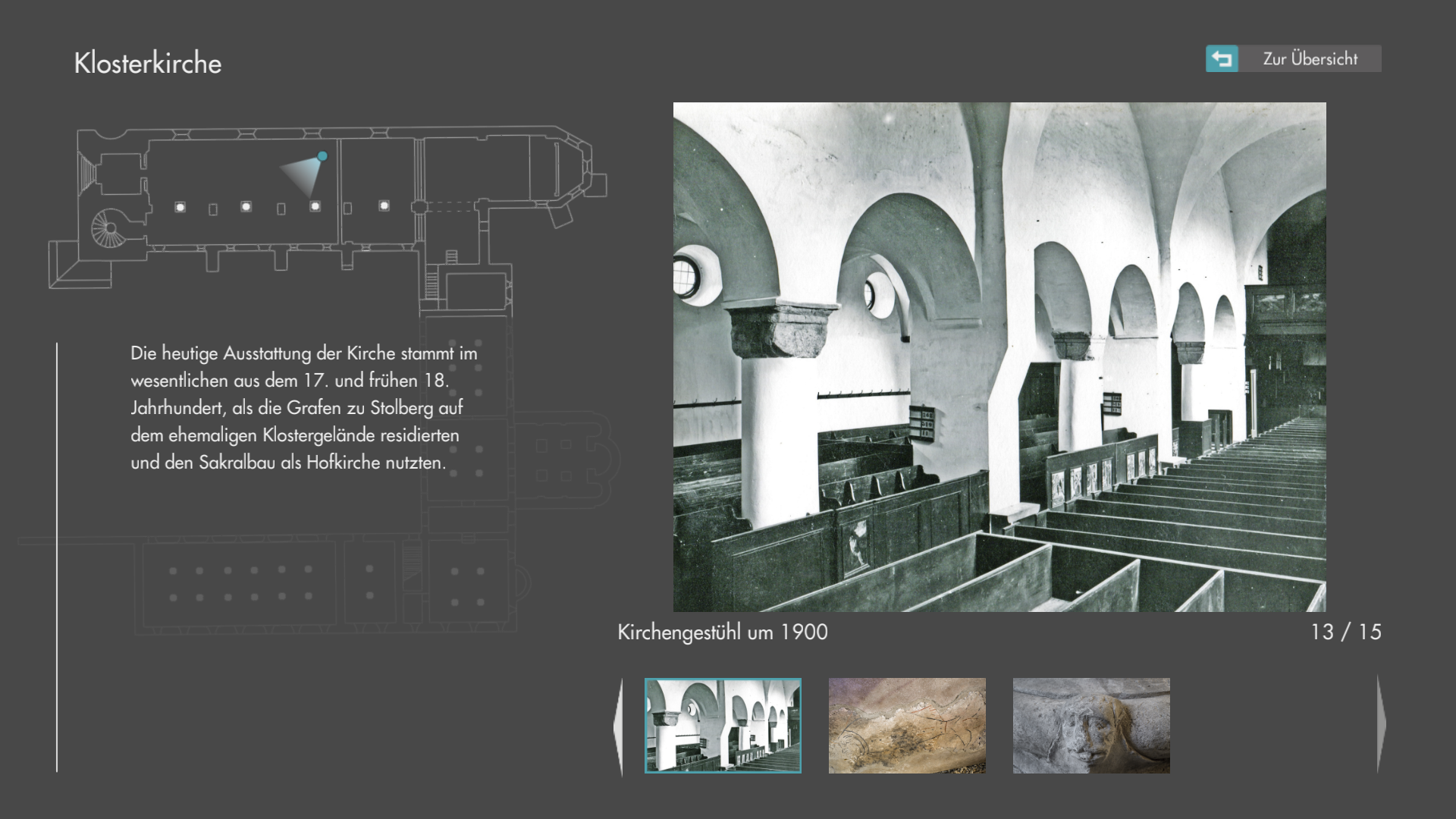 Screenshot of the Ilsenburg Abbey application that shows the image gallery for the 'Klosterkirche'. The image is on the right side of the screen and shows the church around the year 1900. Below is an image slider displaying the thumbnails of several other images. In the upper left corner a map is displayed that shows the position and rotation from where the photograph was taken. Below is a text that is associated with the image.