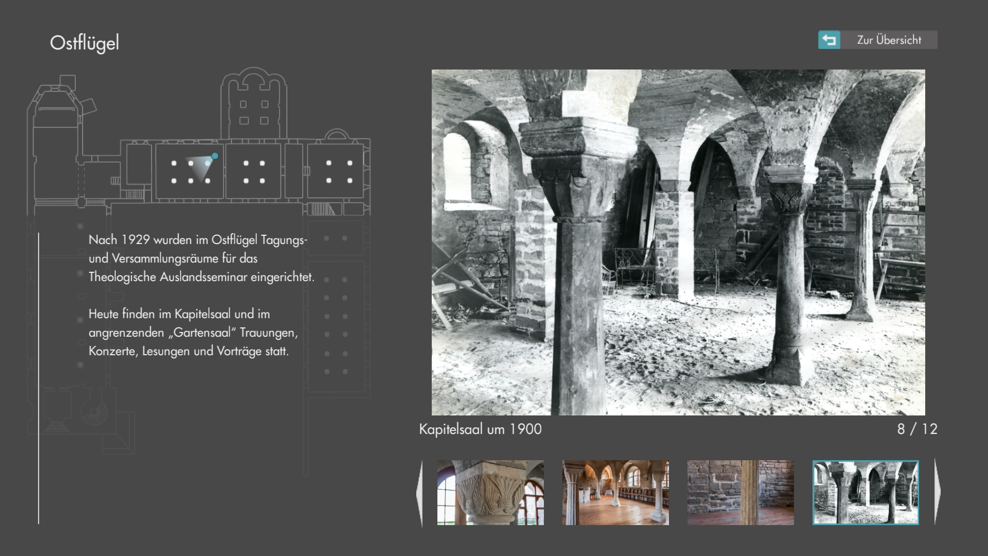 Screenshot of the Ilsenburg Abbey application that shows the image gallery for the 'Ostflügel'. The image is on the right side of the screen and shows the chapter house around the year 1900. Below is an image slider displaying the thumbnails of several other images. In the upper left corner a map is displayed that shows the position and rotation from where the photograph was taken. Below is a text that is associated with the image.