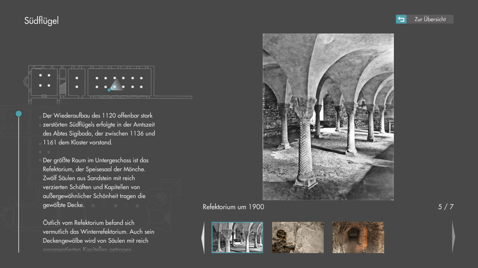 Screenshot of the Ilsenburg Abbey application that shows the image gallery for the 'Südflügel'. The image is on the right side of the screen and shows the refectory around the year 1900. Below is an image slider displaying the thumbnails of several other images. In the upper left corner a map is displayed that shows the position and rotation from where the photograph was taken. Below is a text that is associated with the image.