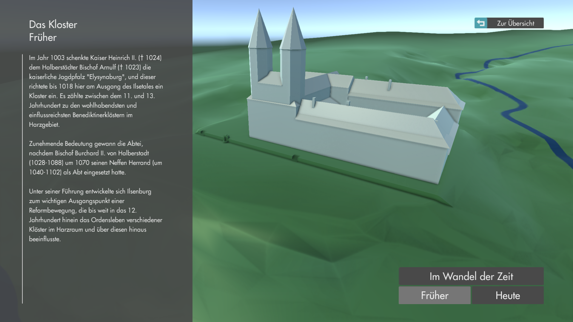 Screenshot of the Ilsenburg Abbey application that shows the monastery through the course of time. On the left side of a screen a text tells the history of the monastery. In the upper right corner a 'back' button is displayed. In the bottom right corner are buttons to switch between the past and the present times, while the past is currently selected. In the center of the screen a 3D rendered model depicts the Ilsenburg Abbey before it underwent significant changes in its eventful history. The most remarkable difference is the existence of the twin spires that are not present nowadays.