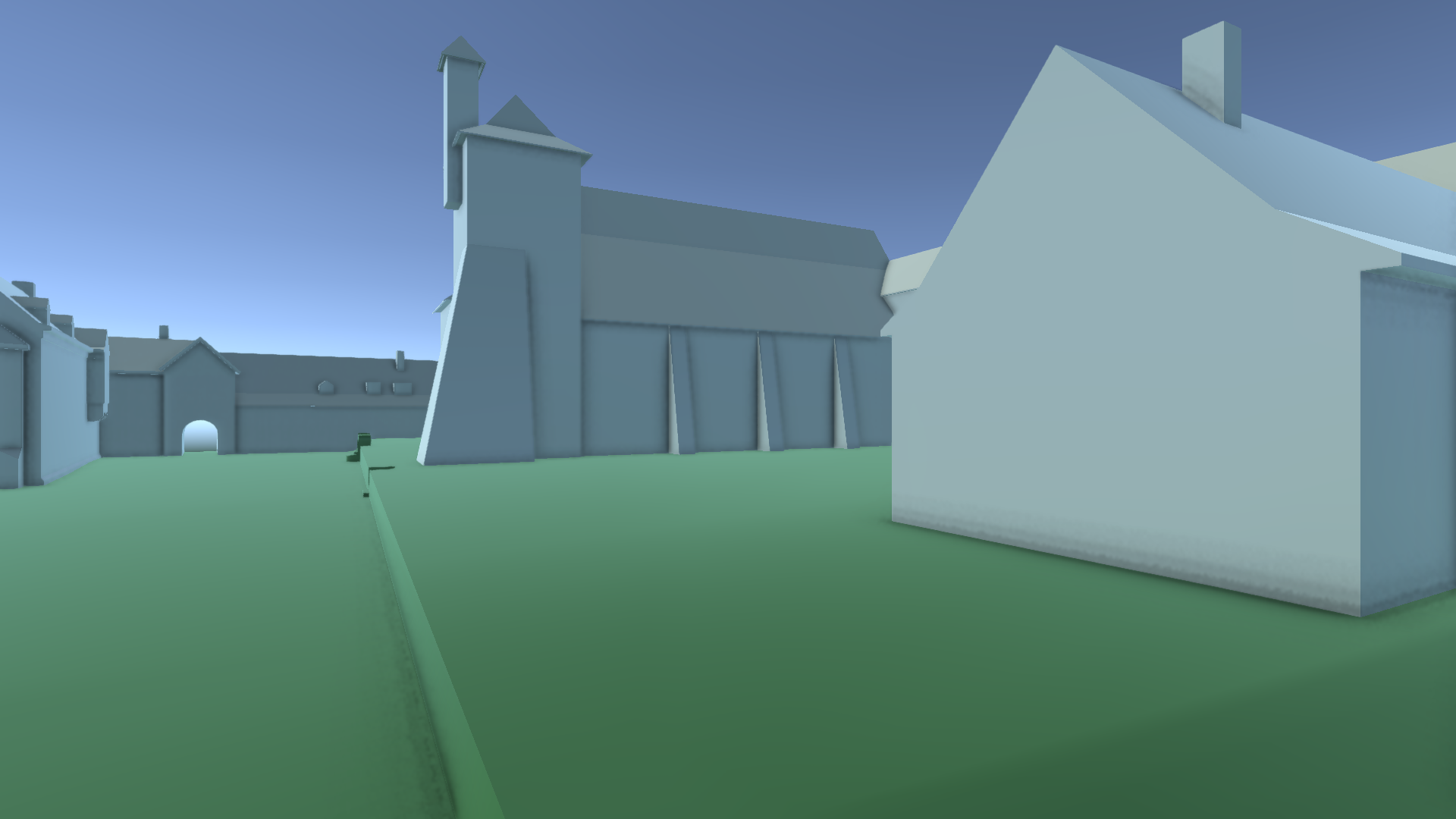 Screenshot of the Ilsenburg Abbey application that shows another angle of the 3D rendered model of the monastery. The camera is at ground level, pointing towards the church. Behind the church the entrance to the monastery grounds through an archway can be seen.