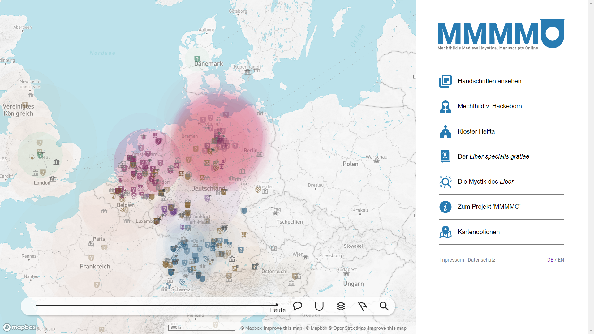 Screenshot of MMMMO. The map section shows central Europe, overlayed with numerous map features. Crests of monastic orders are displayed as icons to show the location and the belonging of each manuscript. The icons are of different colors, some have half-transparent circles around them and some are connected by solid, dashed or dotted lines. At the bottom of the screen is a taskbar with a timeline slider and several icons to filter the displayed features. At the right side of the screen is a sidebar that displays the title and additional information.