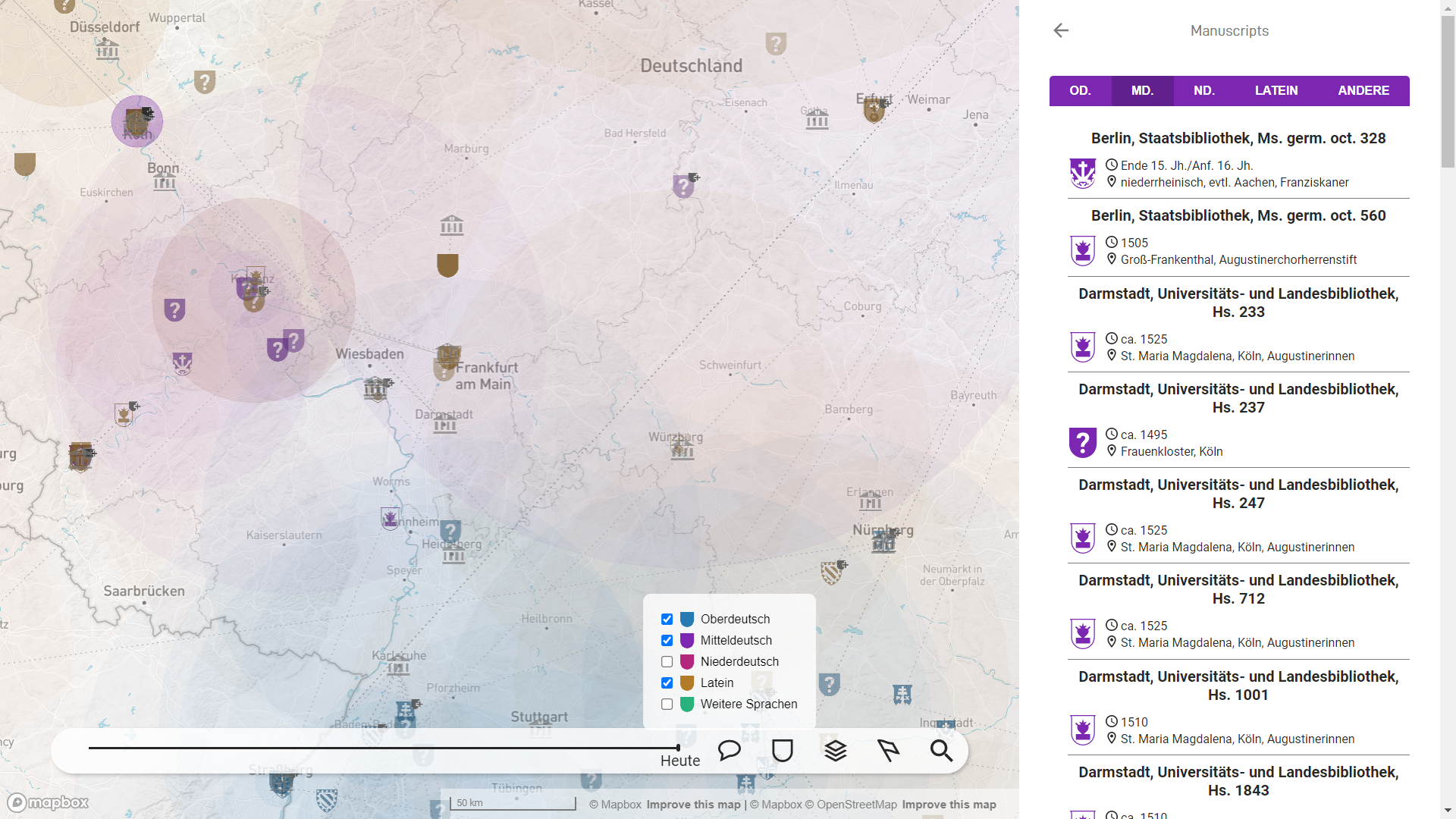 Screenshot of MMMMO. The map section shows central Europe, overlayed with numerous map features. Crests of monastic orders are displayed as icons to show the location and the belonging of each manuscript. The icons are of different colors, some have half-transparent circles around them and some are connected by solid, dashed or dotted lines. At the bottom of the screen is a taskbar with a timeline slider and several icons to filter the displayed features. At the right side of the screen is a sidebar that displays all manuscripts in Middle German language.