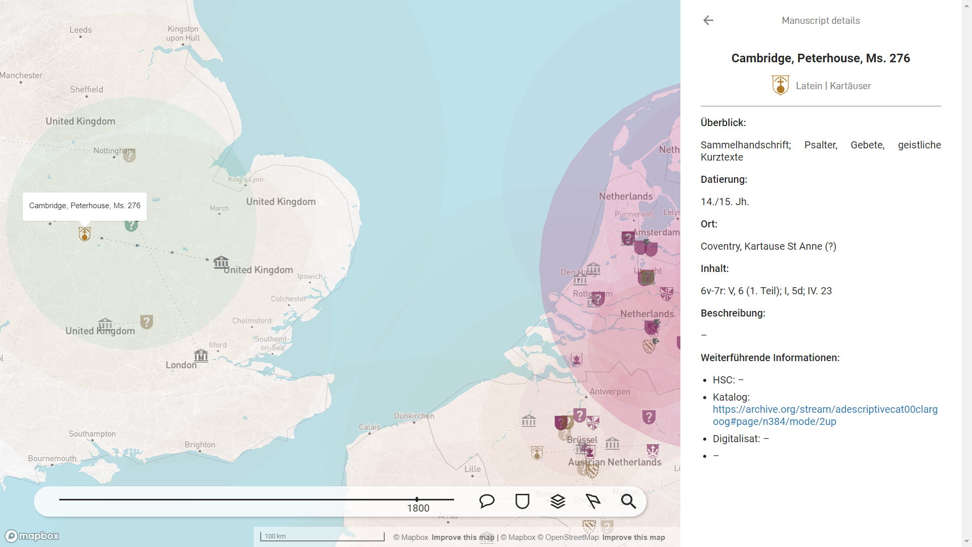 Screenshot of MMMMO. The map section shows the Netherlands and southern England, overlayed with numerous map features. Crests of monastic orders are displayed as icons to show the location and the belonging of each manuscript. The icons are of different colors, some have half-transparent circles around them and some are connected by solid, dashed or dotted lines. At the bottom of the screen is a taskbar with a timeline slider and several icons to filter the displayed features. At the right side of the screen is a sidebar that displays the details of the currently selected manuscript.