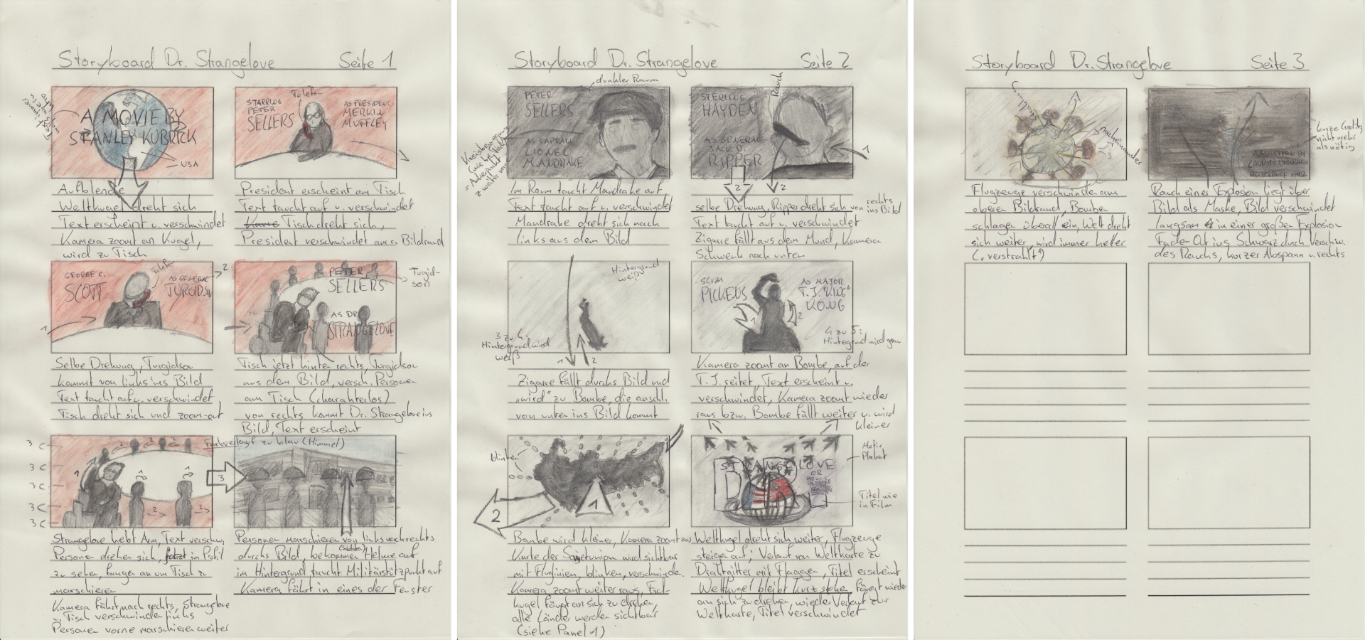 Scan of the storyboard for the animated intro, consisting of three DIN A4 pages displayed next to each other. Each of them consists of six frames that include scribbles, descriptions and arrows to show animations and transitions between them.