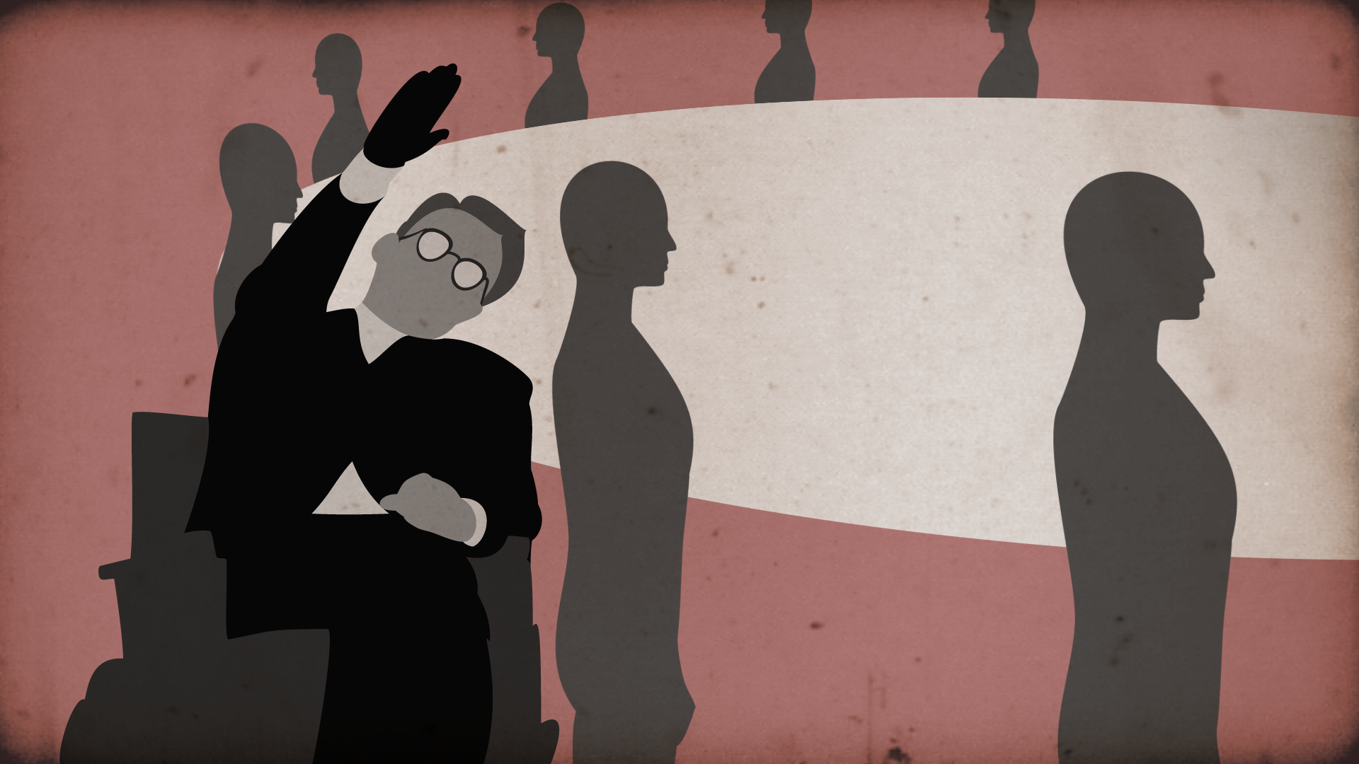 Screenshot of an animated intro to Dr. Strangelove. A man in a wheelchair wearing a suit and glasses can be seen in the front left, doing the Nazi salute. Behind him people only depicted as silhouettes begin marching around the round table. The image has a red background and some film grain on top of it.