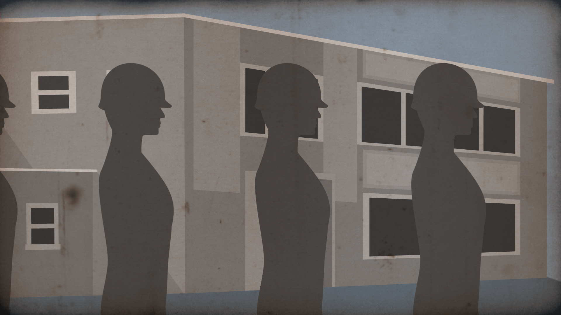 Screenshot of an animated intro to Dr. Strangelove. People only depicted as silhouettes, but now with helmets, march from the left to the right. The background shows a building inside an army base. The image has a blue background and some film grain on top of it.