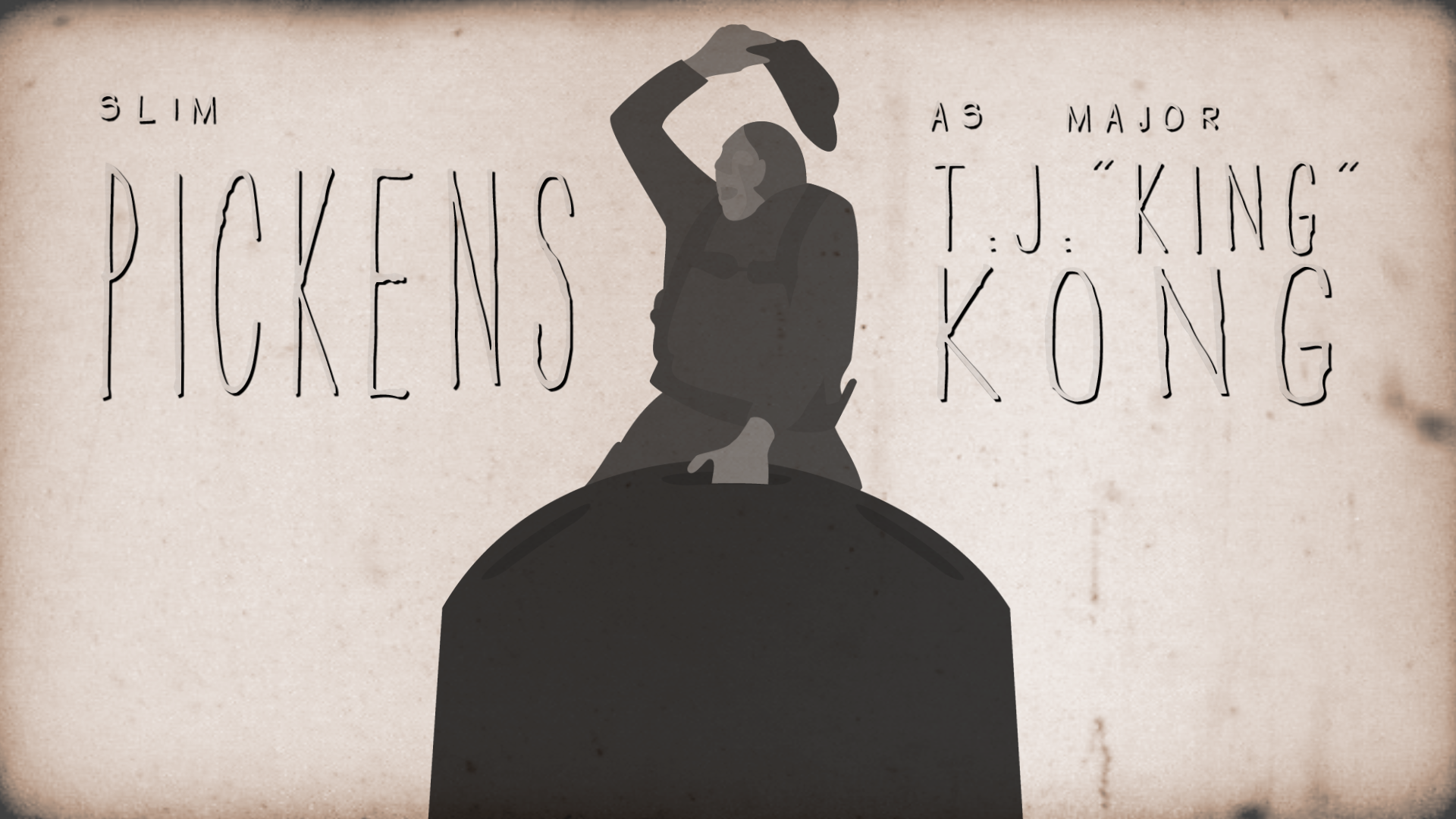Screenshot of an animated intro to Dr. Strangelove. A man in pilot uniform sits on top of a bomb and waves his hat in the air. Next to him the text: 'Slim Pickens As Major T.J. King Kong'. The image has a white background and some film grain on top of it.