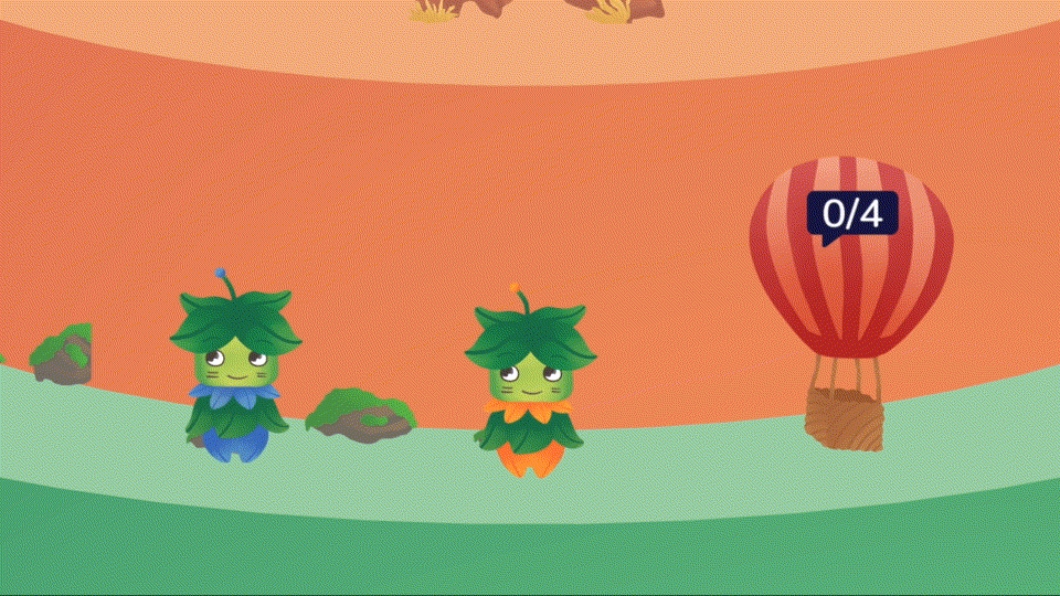 Animated GIF of the game SumMit. In the center of the screen is a green and orange character, its hair and dress are made of leaves. It stands on the plateau of a multilevel cylindrical mountain. At its left is another character, colored green and blue instead. At its right a hot-air balloon can be seen, on top of it a counter that says '0 of 4'.