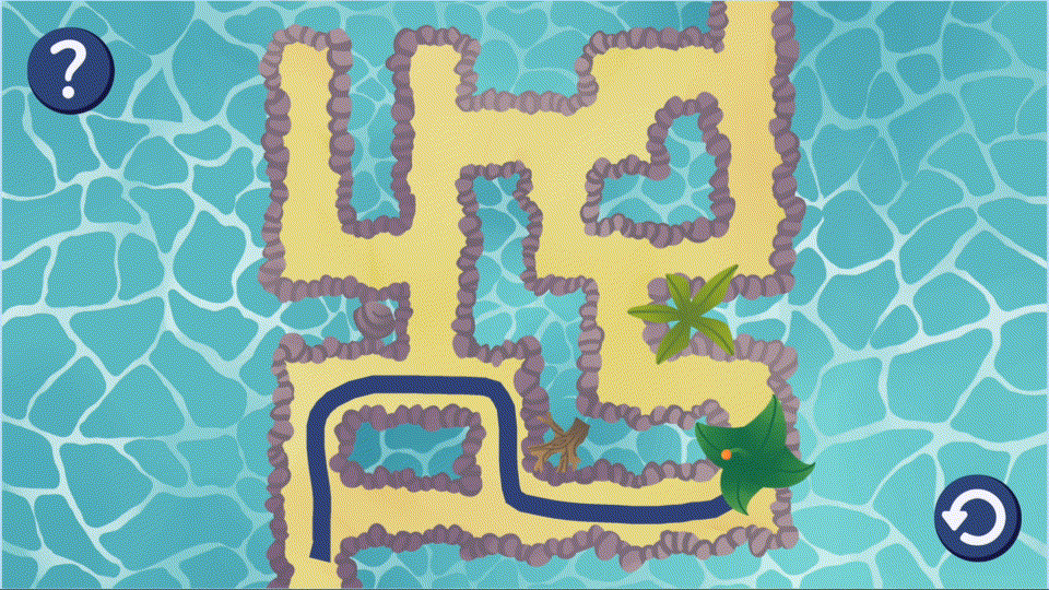 Animated GIF of SumMit that shows a labyrinth from the top view. The character is being dragged through the labyrinth, drawing a line behind it. A 'help' button is in the top left and a 'retry' button in the bottom right of the screen.