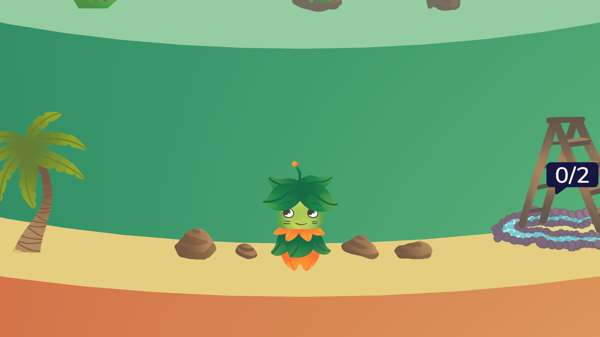 Screenshot of the game SumMit. In the center of the screen is a green and orange character, its hair and dress are made of leaves. It stands on the plateau of a multilevel cylindrical mountain. At its left is a palm tree. At its right a ladder can be seen, on top of it a counter that says '0 of 2'.