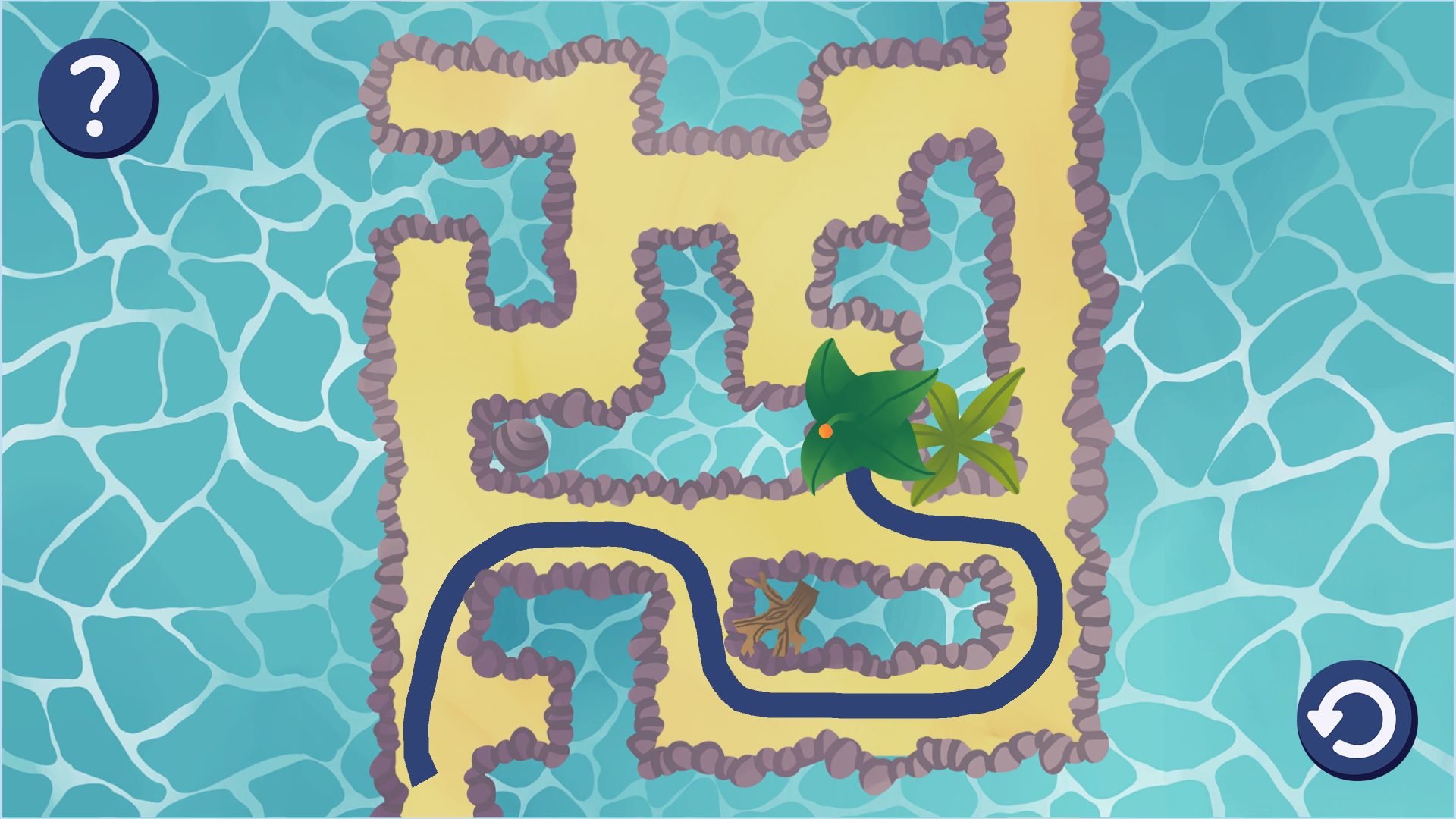 Screenshot of SumMit that shows a labyrinth from the top view. The character is dragged through the labyrinth, drawing a line behind it. A 'help' button is in the top left and a 'retry' button in the bottom right of the screen.