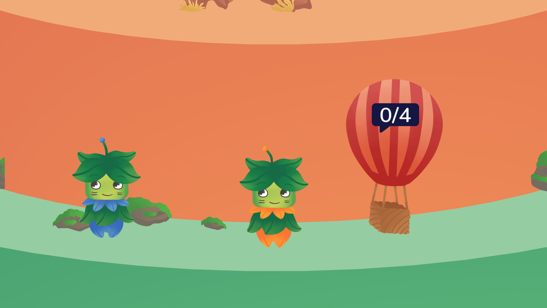 Screenshot of the game SumMit. In the center of the screen is a green and orange character, its hair and dress are made of leaves. It stands on the plateau of a multilevel cylindrical mountain. At its left is another character, colored green and blue instead. At its right a hot-air balloon can be seen, on top of it a counter that says '0 of 4'.