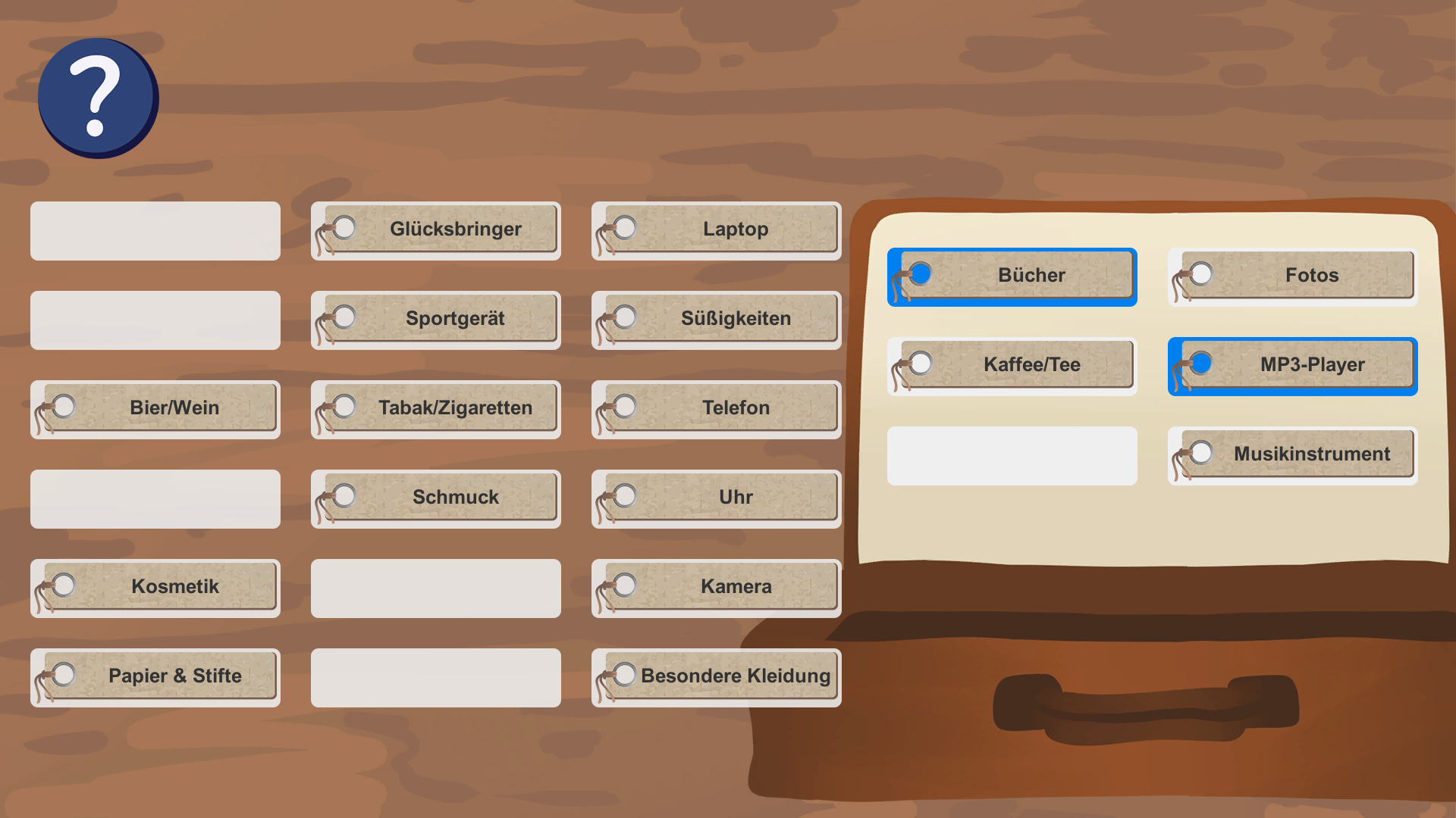 Screenshot of the game SumMit. On the right side is a suitcase that contains six slots. On the left side 18 items in total are displayed as text labels. No more than six items can be dragged into the suitcase. Currently five of six slots in the suitcase are already occupied. A 'help' button is at the top left of the screen.