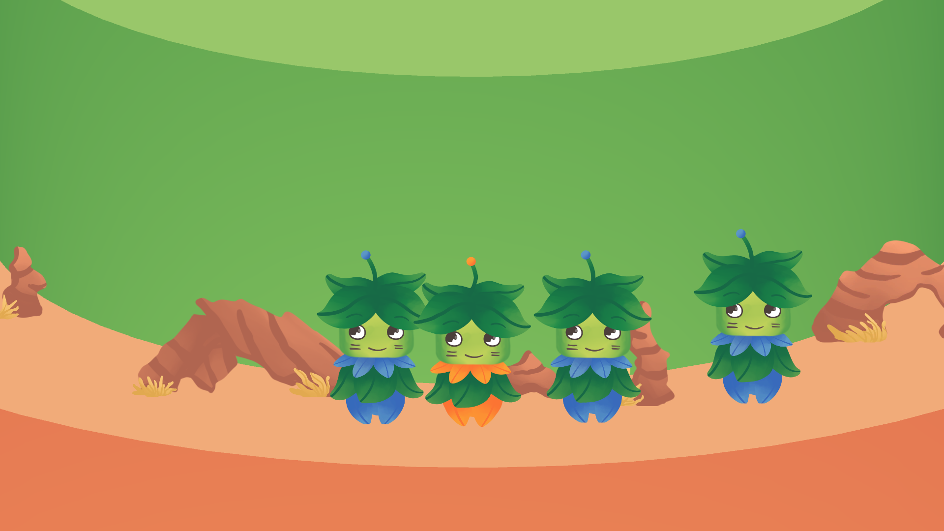 Screenshot of the game SumMit. In the center of the screen is a green and orange character, its hair and dress are made of leaves. It stands on the plateau of a multilevel cylindrical mountain. Around it are three other characters, colored green and blue instead. In the background there are some rocks on the plateau.