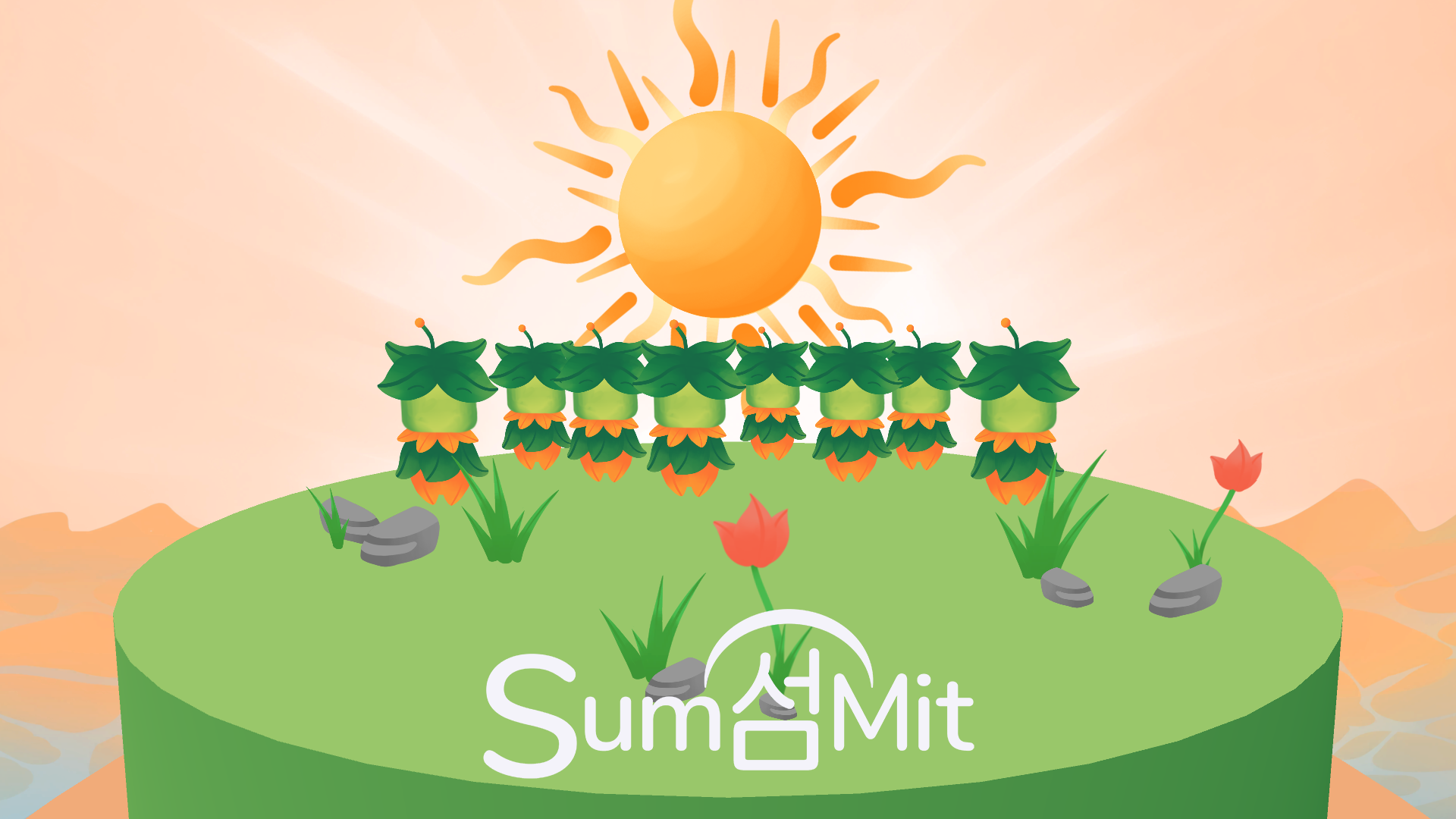 Screenshot of the game SumMit. Eight green and orange characters, their hair and dresses made of leaves, stand on top of a cylindrical multilevel mountain and watch the sun rising over the mountain. At the bottom of the screen the title 'SumMit' is displayed.