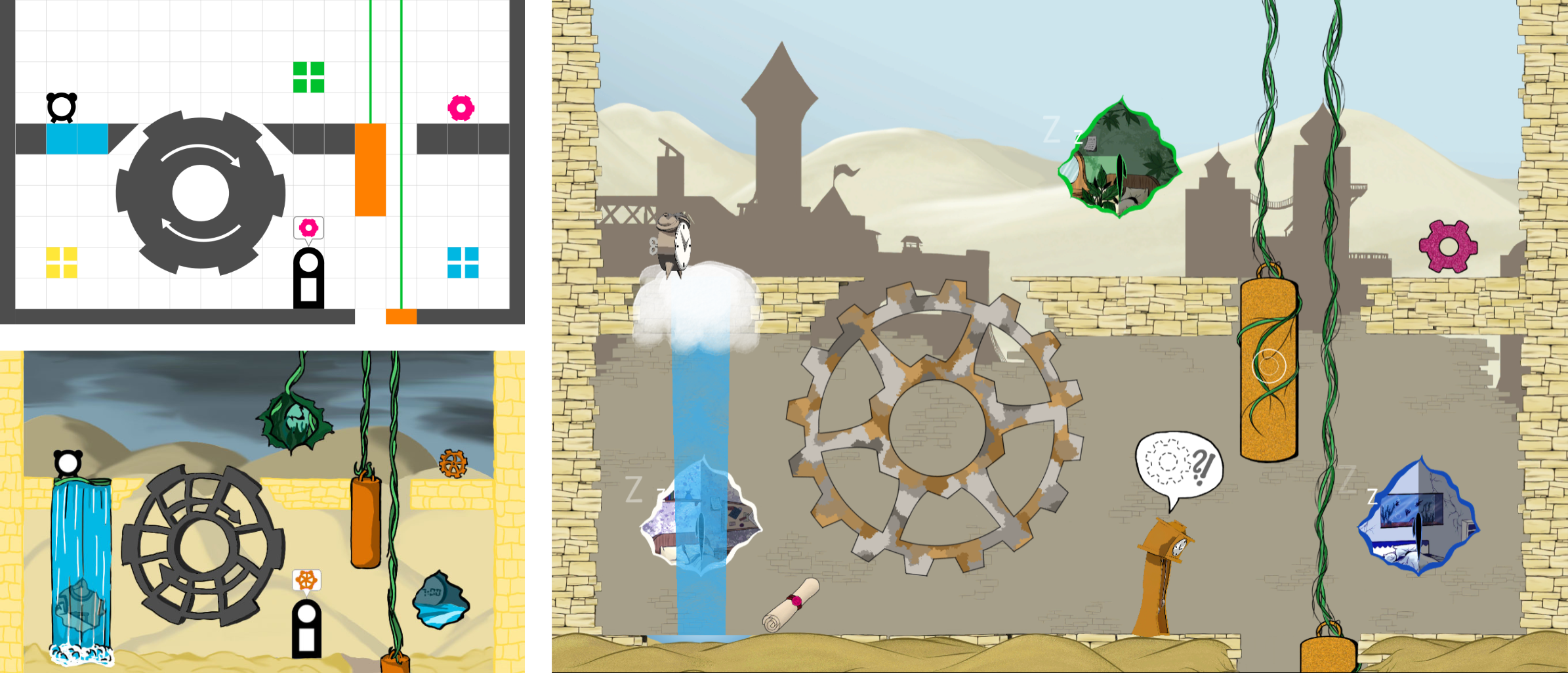 The same level can be seen in three different versions. The first one in the top left shows the first level design. Everything is arranged on a grid and only displayed as basic shapes. The second one in the bottom left shows the concept art made by the artist for this level. The third one on the right shows the implementation, including all final assets.