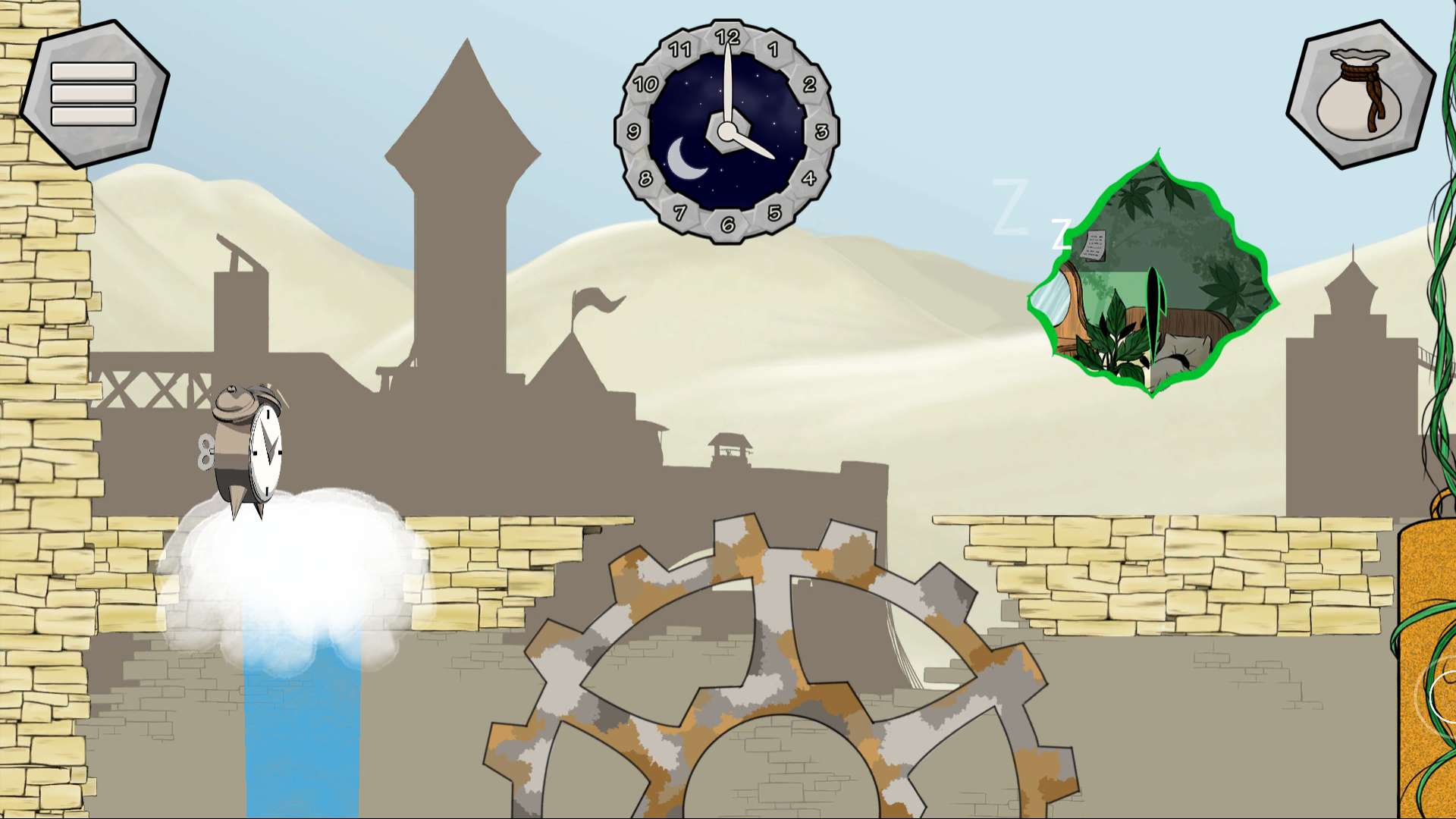 Screenshot of the game WAKE. It shows a level with a sand desert setting from a 2D side-scrolling perspective. At the left side an alarm clock stands on top of a water fountain. In the center is a giant gear that the alarm clock needs to cross to reach a green window on the oder side. The window displays a certain time frame and little 'Z's arise from it to suggest the person asleep behind the window. The UI at the top of the screen displays a menu button, the current time and an inventory.