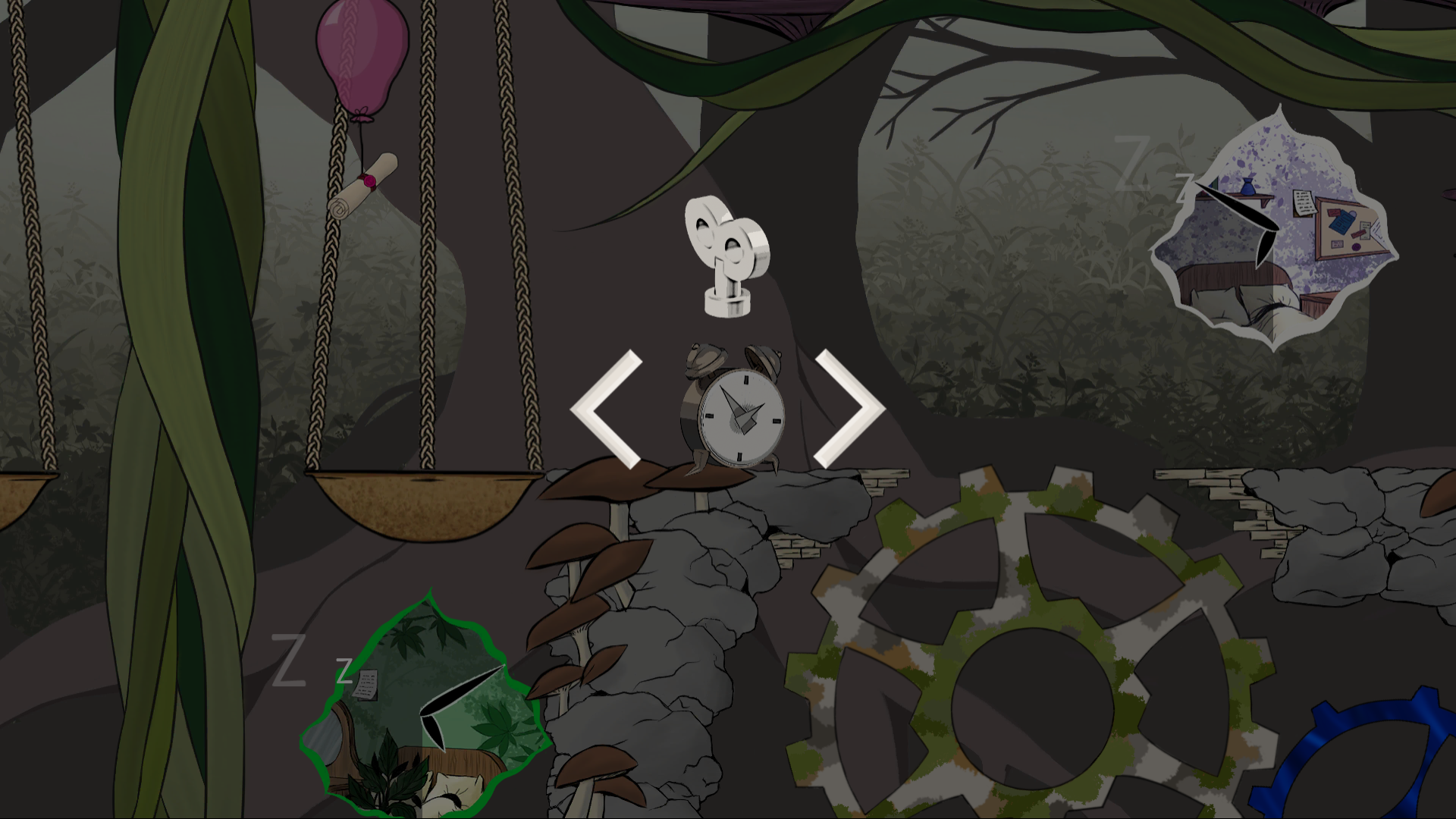 Screenshot of the game WAKE. It shows a level with a dark forest setting from a 2D side-scrolling perspective. At the center of the screen is an alarm clock that is being wound up. There is a wind-up key above it and arrows point to the left and right. On its right side there are two gears and a white window. On its left side there is a giant scale, a green window and a pink balloon with a letter tied to it.