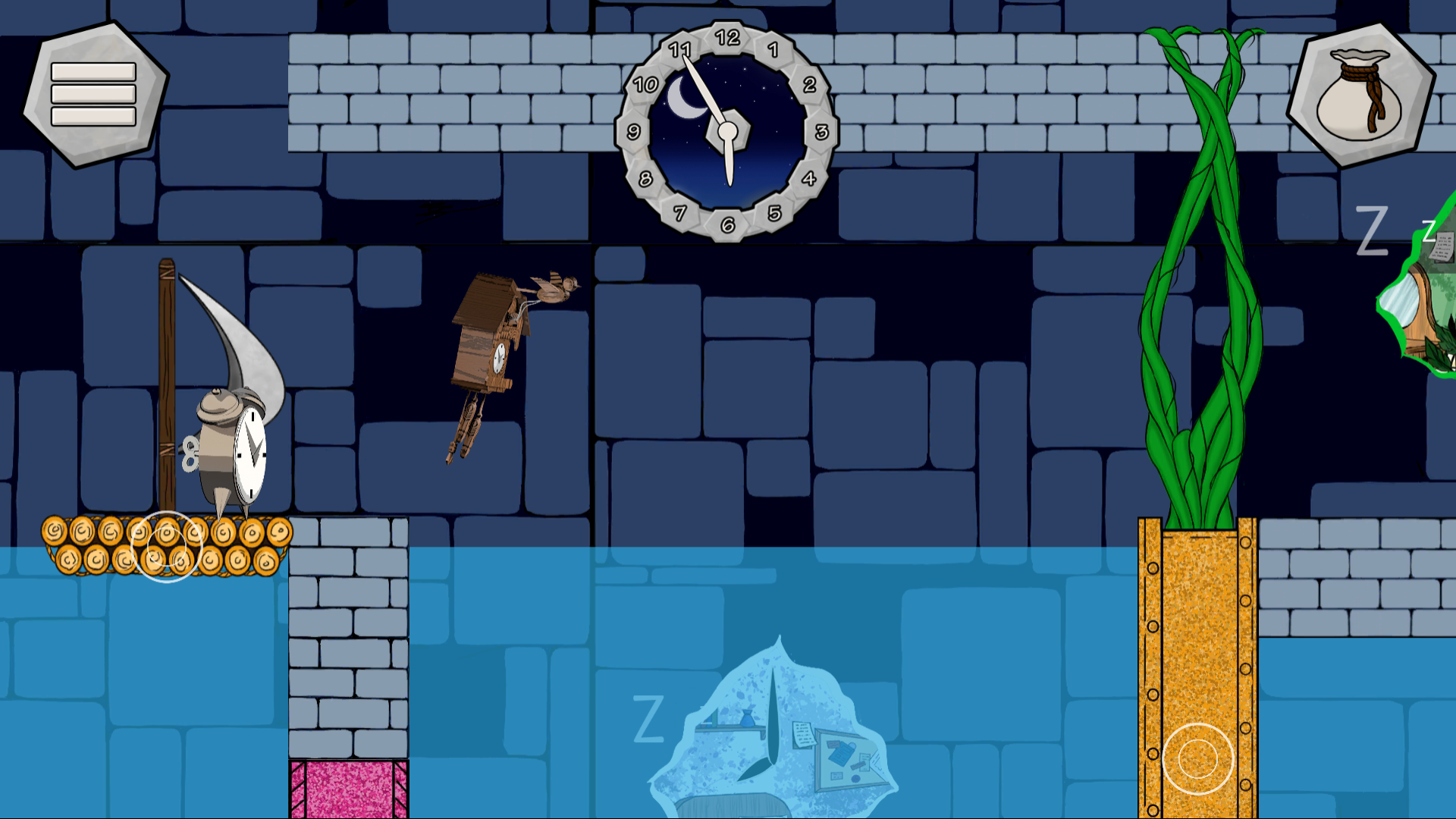 Screenshot of the game WAKE. It shows a level with a water setting from a 2D side-scrolling perspective. At the left side an alarm clock stands on top of a raft. To the right flies a cuckoo clock towards a hole between some vines that block the way to a green window. Below the vines appears to be a floodgate and under water, below the cuckoo clock is a white window. The UI at the top of the screen displays a menu button, the current time and an inventory.