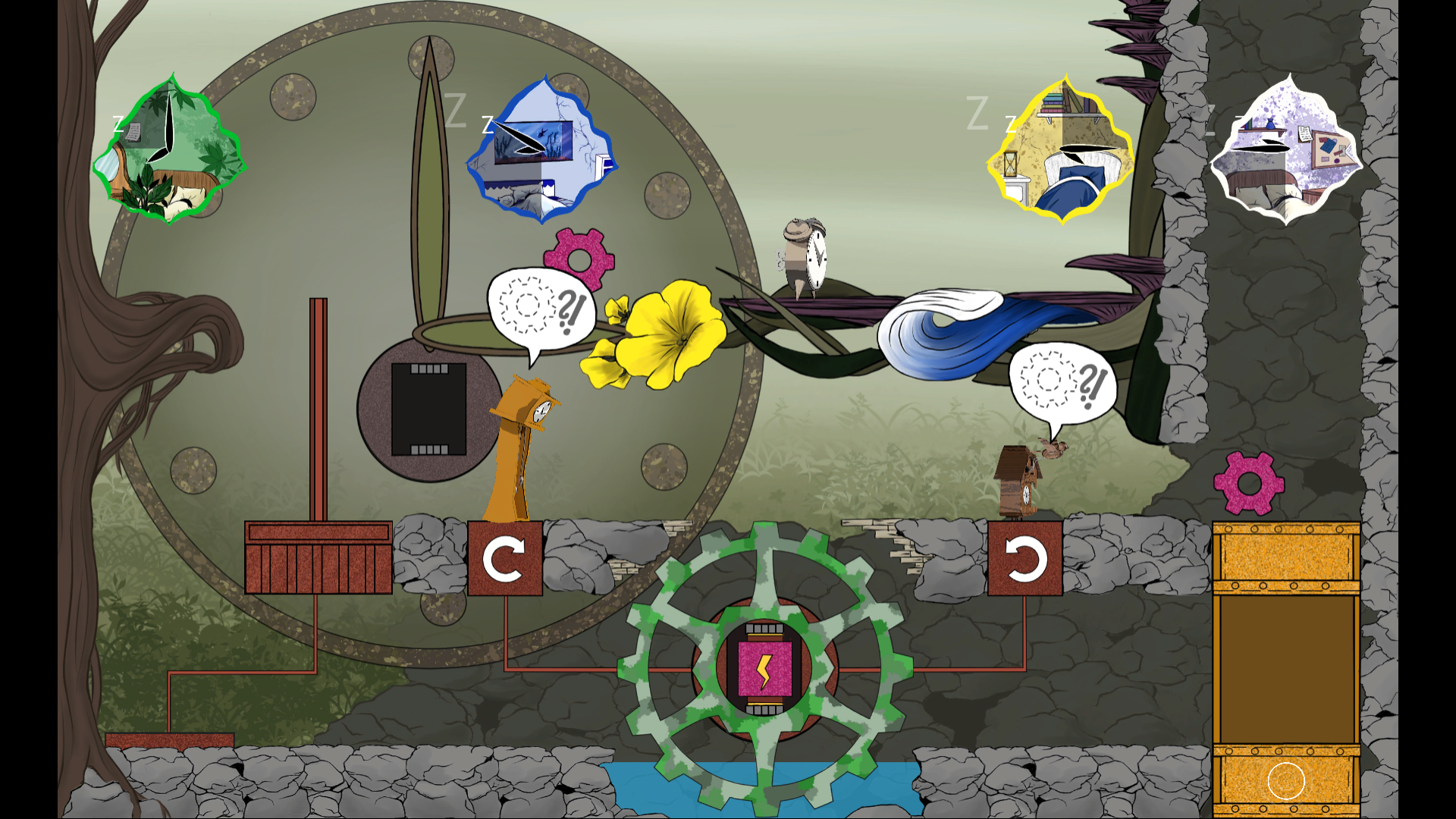 Screenshot of the game WAKE. It shows a level with a dark forest setting from a 2D side-scrolling perspective. The camera is zoomed out and shows the whole level. It consists of three different clocks (while the grandfather clock and the cuckoo clock are broken), four windows (in the colors of green, blue, yellow and white), a gear in the bottom center that is connected to two ground plates that control the direction of its rotation, a giant clock-face in the background with watch hands that can be walked on and many more items and elements that need to be considered to complete the level.