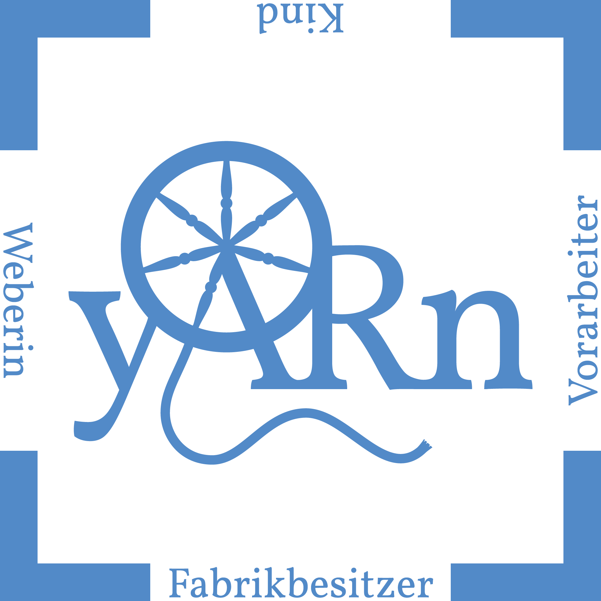 The marker for the AR scene shows the blue logo in the center (the word yARn, but the A consists of two spokes of a spinning wheel). At each side of the marker the role is written that the user takes on if he or she looks at the scene from this perspective: the factory owner, the foreman, the child or the weaver.